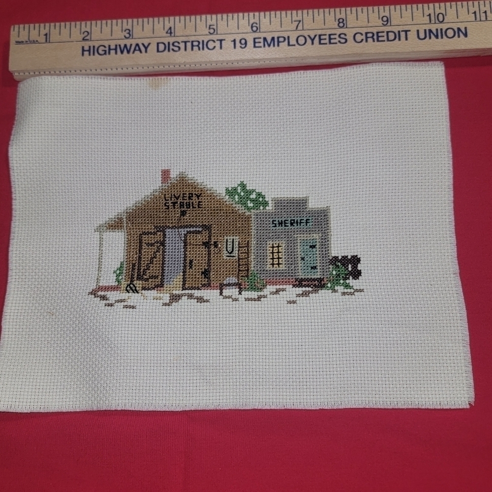 Cross-stitch "livery stable" & "sheriff " handmade just needs a frame.